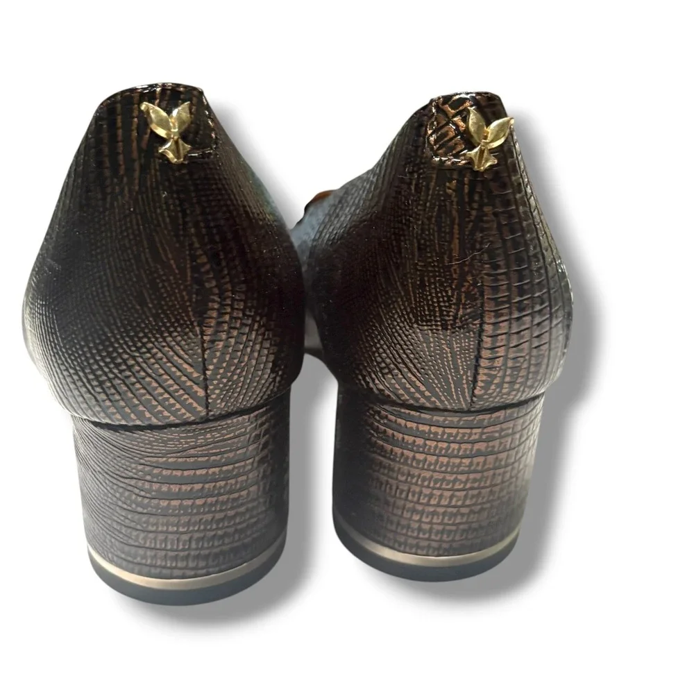 J. Renee Bronze Metallic Lizard Embossed Square Toe Block Heel Pumps